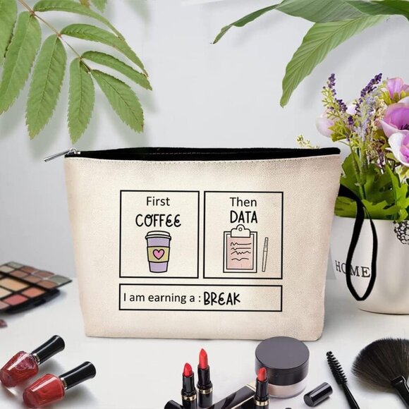 First Coffee Then Data Cosmetic Bag for Women Makeup Bags Toiletry Storage Canva - Picture 4 of 5